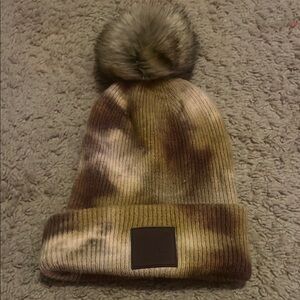 C.C Tie-Dye Knit Beanie with Pom Pom - Brown and Cream